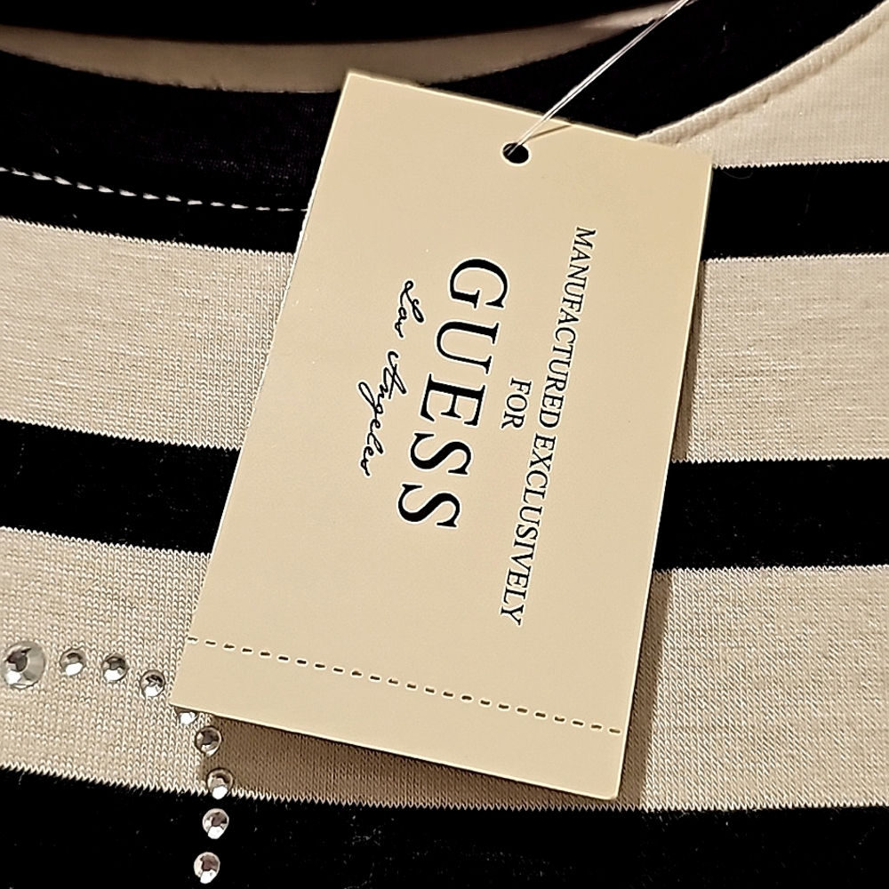 GUESS LOS ANGELES TUNIC TOP..BLACK & WHITE STRIPES WITH GUESS IN RHINESTONES - Picture 3 of 15